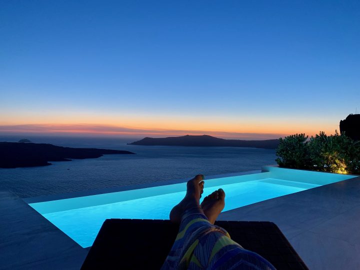Accomodation White Ark Pool site during Sunset Santorini Greece, Greek Cyclades Travel Blog